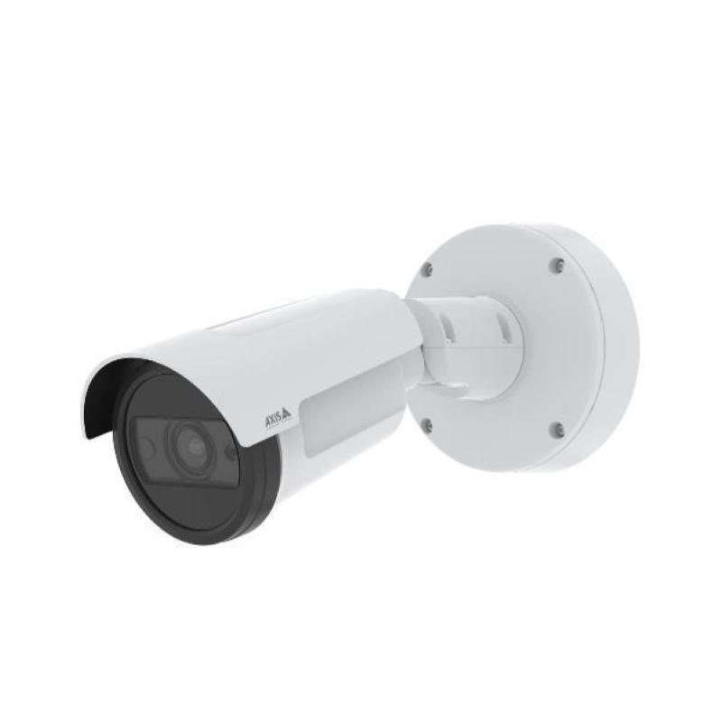White bullet-style IP security camera with a sleek design, featuring a black lens and a protective dome, mounted on a round white base.