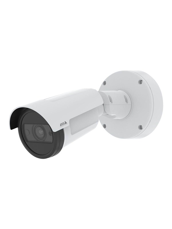 White bullet-style IP security camera with a sleek design, featuring a black lens and a mounting bracket for indoor installation.