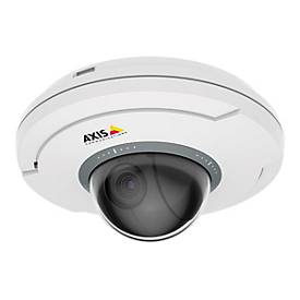 White dome-shaped indoor security camera with a black lens, featuring a sleek design and the AXIS logo, capable of 1920 x 1 resolution.