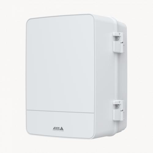White surveillance extended cabinet by AXIS, featuring a sleek design, durable material, and secure side latches for easy access and protection of equipment.