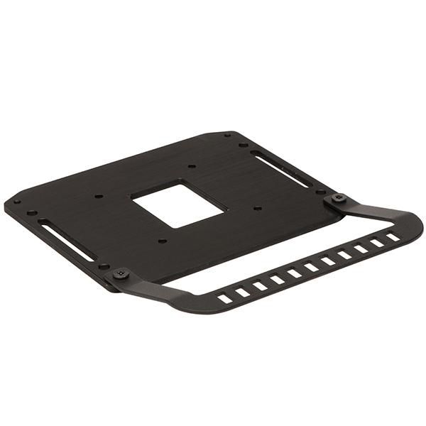 Black metal surface mounting plate with a central cutout and cable strain relief features, designed for secure installation.