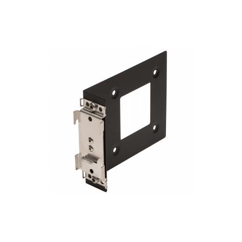 Black metal rail clip with a square cutout and silver mounting bracket, designed as an accessory for AXIS security cameras.