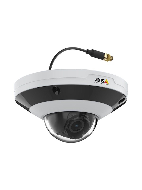 White and black dome security camera accessory with a clear lens, featuring a black cable and AXIS logo, designed for enhanced surveillance capabilities.