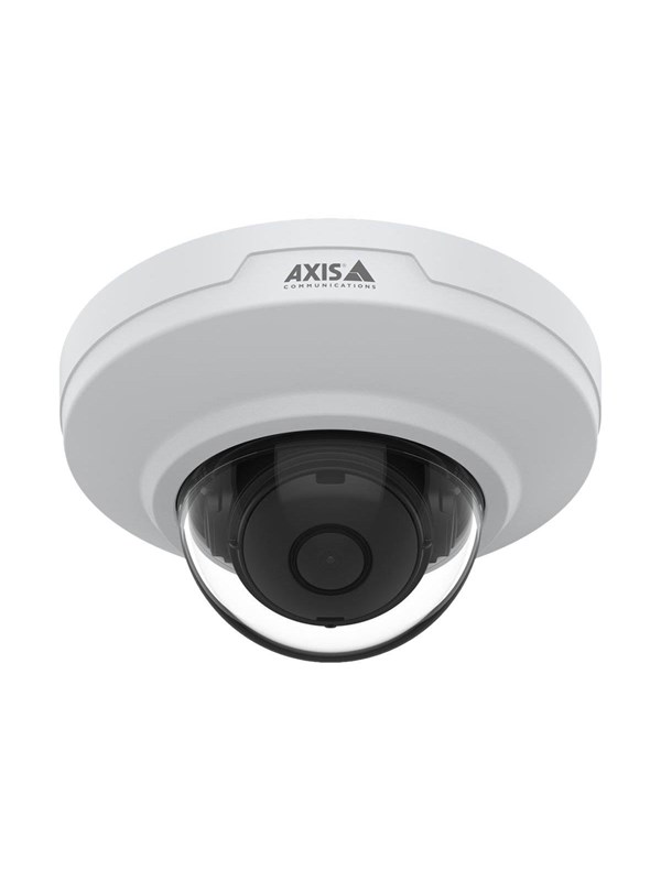 White dome camera with a clear, rounded lens and the AXIS logo on top, designed for ceiling mounting and surveillance applications.