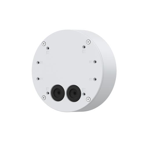 Round, white cable box with two black cable entry points, featuring multiple mounting holes for secure installation, designed for use with AXIS security cameras.
