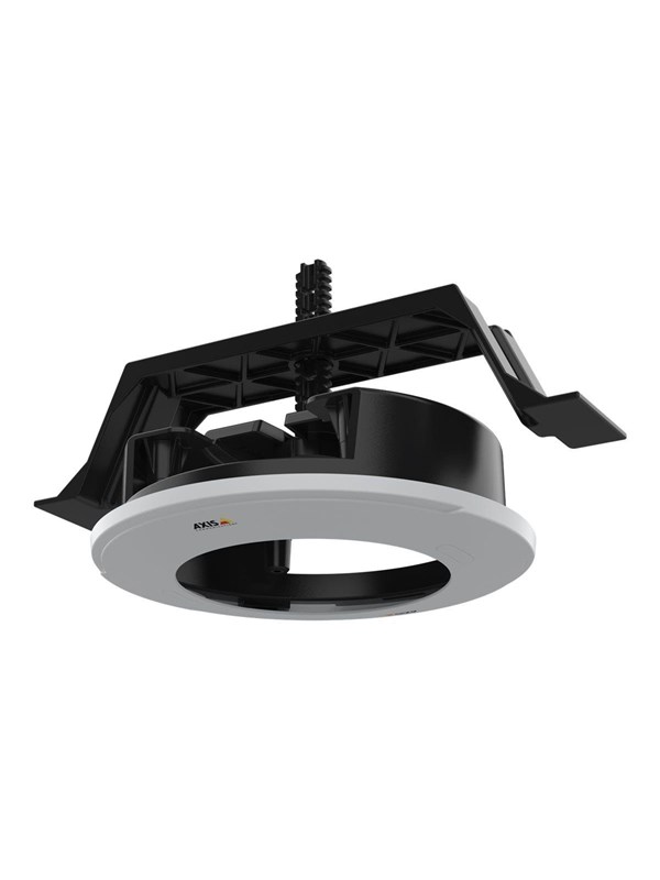 Black and white Axis 02425-001 security camera accessory mount featuring a circular base and a sturdy, adjustable clamp for secure installation.