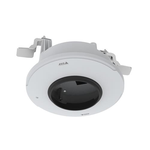 White circular security camera accessory mount with a black lens area, featuring adjustable clips for installation and a sleek, modern design by AXIS.