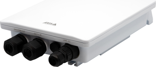 White rectangular midspan accessory with three black connectors labeled "DATA IN," "DATA PORT OUT," and "LINE AC," featuring a smooth plastic surface and AXIS logo.
