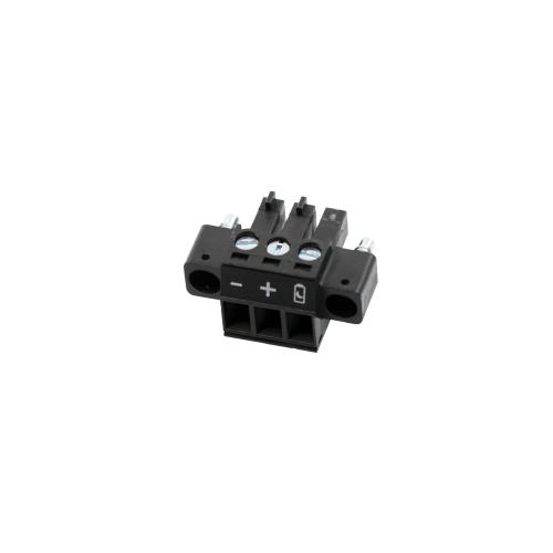 Black plastic connector with four terminals, labeled with "+" and a phone icon, designed for secure connections in security camera systems.