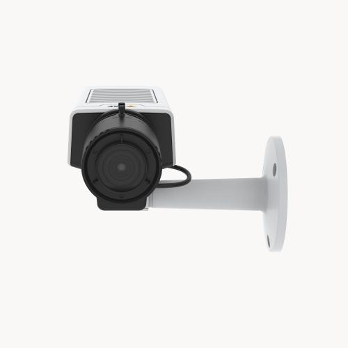 White and black security camera with a cylindrical lens, mounted on a flat wall bracket, designed for both indoor and outdoor use, featuring high-resolution capability of 2592 x 1944 pixels.