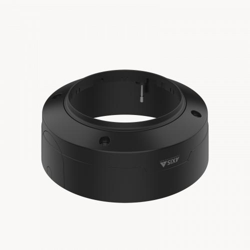 Black circular accessory cover for security cameras, featuring a smooth plastic finish, designed for easy installation with multiple mounting points and a sleek, professional appearance.