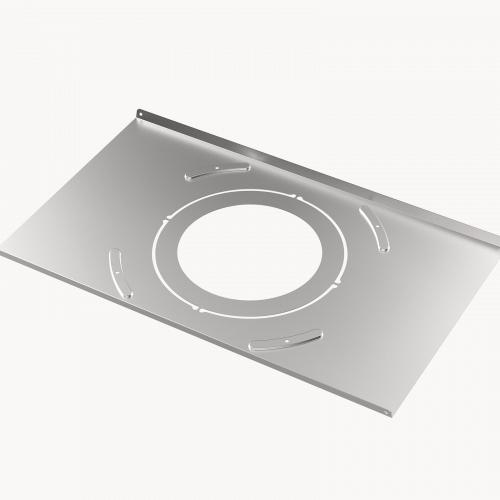 Silver metal security camera accessory mount with a circular cutout and multiple slots for secure installation.