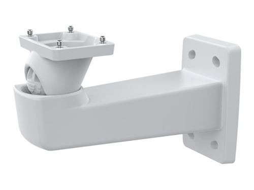 White plastic security camera accessory mount with a curved arm and a square mounting plate, featuring multiple screw holes for secure installation.