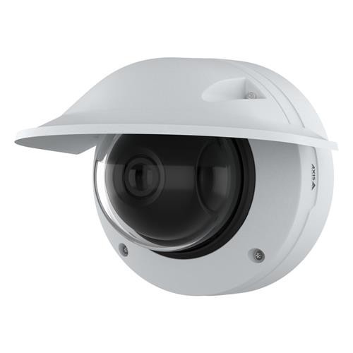 White dome-shaped outdoor security camera with a glossy black lens, featuring a protective overhang and mounted screws for installation, labeled with the AXIS logo.