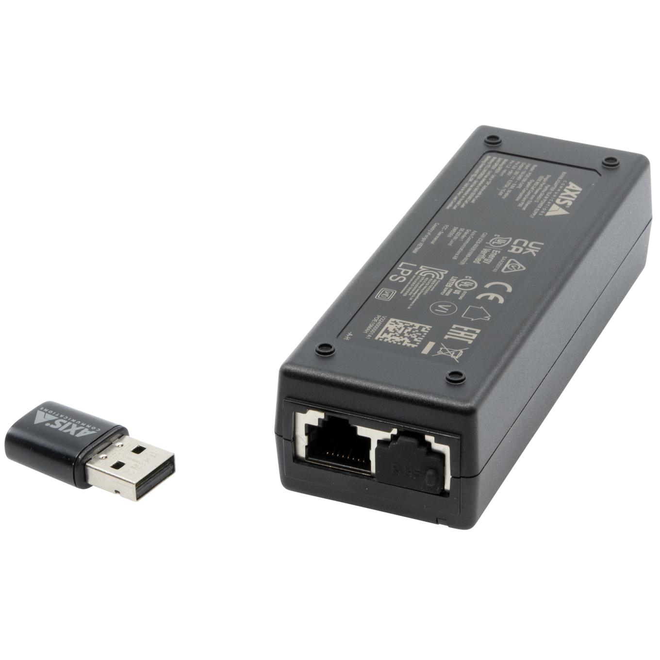 Black rectangular power adapter with Ethernet port and USB adapter, featuring product specifications and branding on the surface.