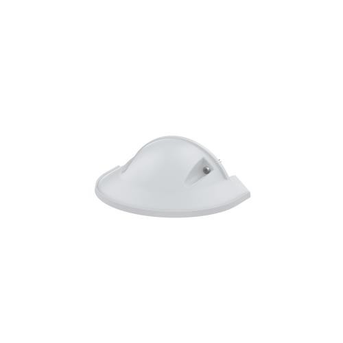 White, dome-shaped weather shield accessory for security cameras, made of durable plastic, featuring a smooth surface and a side opening for camera lens protection.