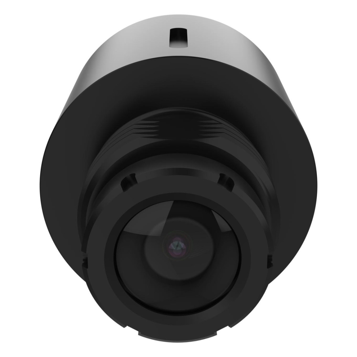 Black cylindrical discreet camera sensor with a prominent lens at the front, featuring a sleek design and a small opening at the top for mounting or installation.