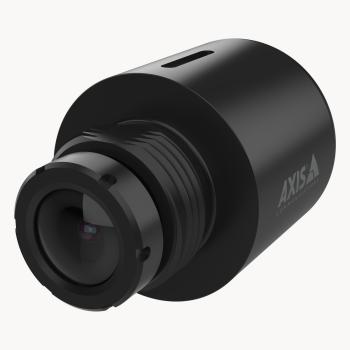 Black cylindrical security camera accessory sensor unit with a prominent lens at the front, featuring the AXIS logo and a small ventilation slot on the side.