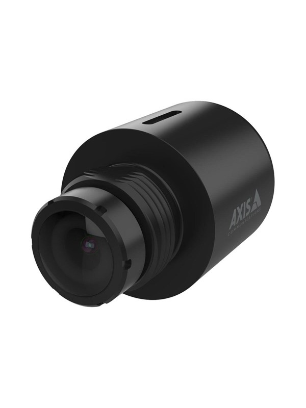 Black cylindrical fisheye sensor with a prominent lens at the front, featuring the AXIS logo and a sleek, modern design suitable for surveillance applications.