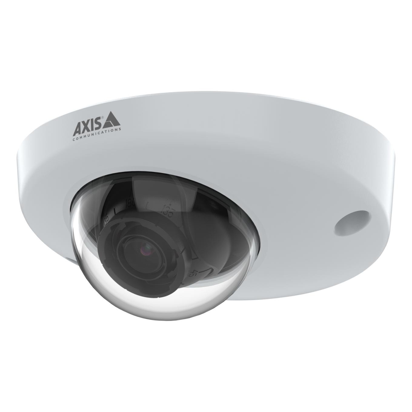 White dome-shaped IP security camera with a transparent lens, featuring a black camera inside and the AXIS logo on the top. Designed for indoor use with a sleek, modern appearance.