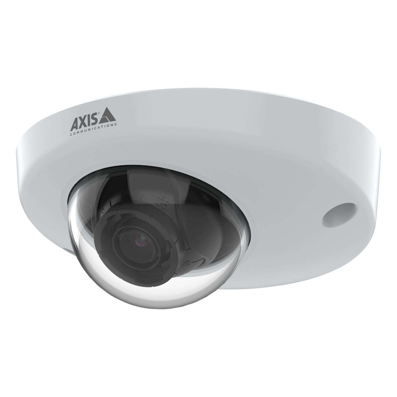 White dome-shaped indoor security camera with a clear dome cover, featuring a black lens and the AXIS logo prominently displayed on the top.