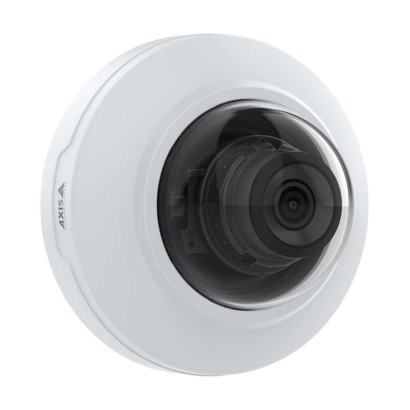 White dome-shaped IP security camera with a glossy black lens, featuring a compact design suitable for indoor use, labeled with the AXIS logo.
