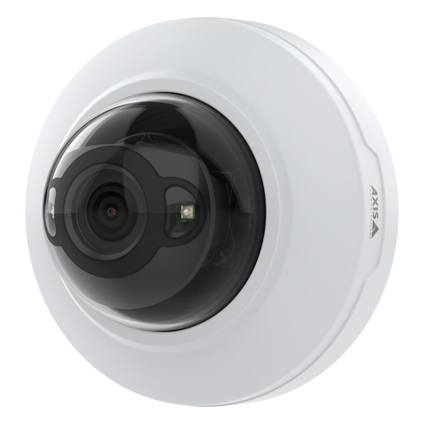White dome IP camera with a glossy black lens, featuring a compact design and an integrated LED indicator, ideal for surveillance applications.