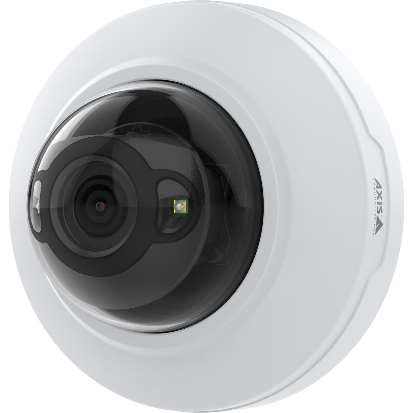 White dome IP camera with a black lens and glass cover, featuring a sleek design and the AXIS logo on the side, suitable for indoor surveillance.