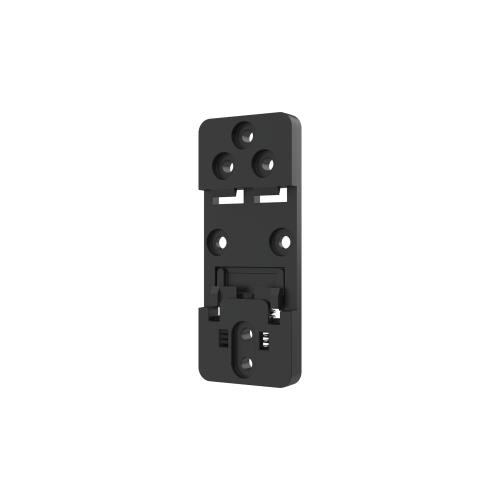 Black plastic mounting clip designed for security cameras, featuring multiple holes for screws and a locking mechanism for secure attachment.