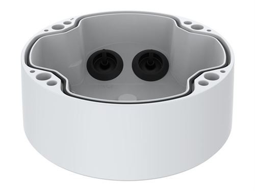 Round, white plastic cable box with a smooth finish, featuring two black cable entry points and multiple mounting holes for secure installation.