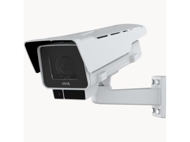 White AXIS 02736-001 NEMA 4X 5MP IR outdoor box IP camera with a sleek design, mounted on a wall with a robust bracket, featuring a protective cover and lens.