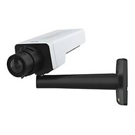 White and black 8MP indoor network box camera with a cylindrical lens, featuring a 3.9-10 mm adjustable focal length, mounted on a sturdy black wall bracket.