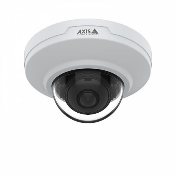 White 4MP mini dome camera with a clear dome lens, built-in microphone, and deep learning capabilities, featuring the AXIS logo on the top.