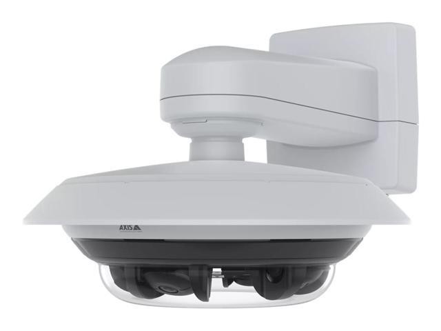 White dome camera with a sleek design, featuring a gray base and a clear protective cover, mounted on a wall bracket, designed for surveillance purposes.