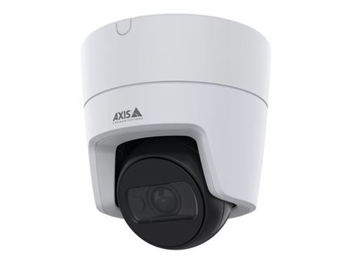 Compact security camera in white and black, featuring a dome design with a lens at the front, marked with the AXIS logo, suitable for indoor or outdoor surveillance.