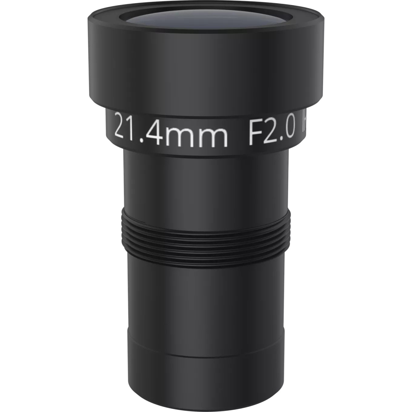 Black security camera accessory lens with a 21.4mm focal length and F2.0 aperture, featuring threaded mounting for easy attachment.