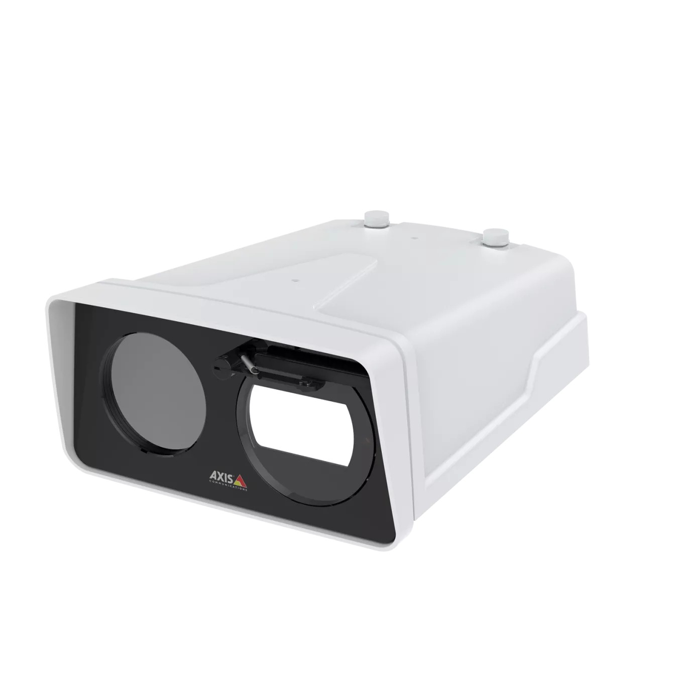 White plastic security camera accessory cover with a sleek design, featuring two circular openings and a rectangular cutout, branded with the AXIS logo on the front.