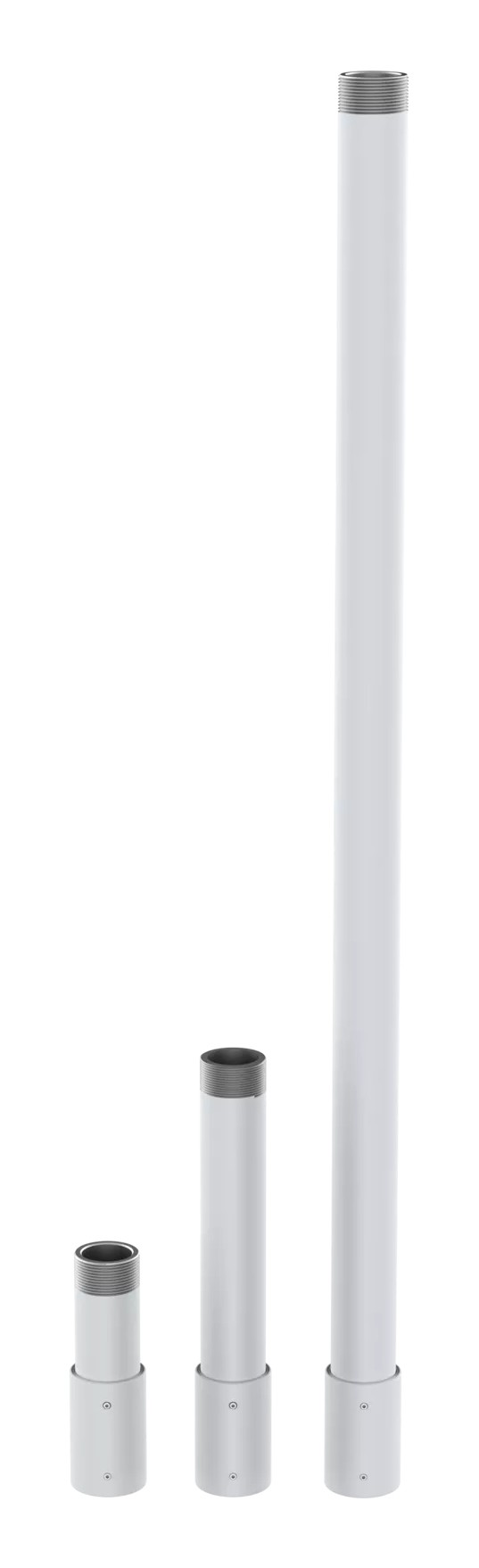 Three cylindrical security camera accessory pipes in varying lengths, made of metal with a sleek white finish and gray end caps, designed for mounting AXIS cameras.