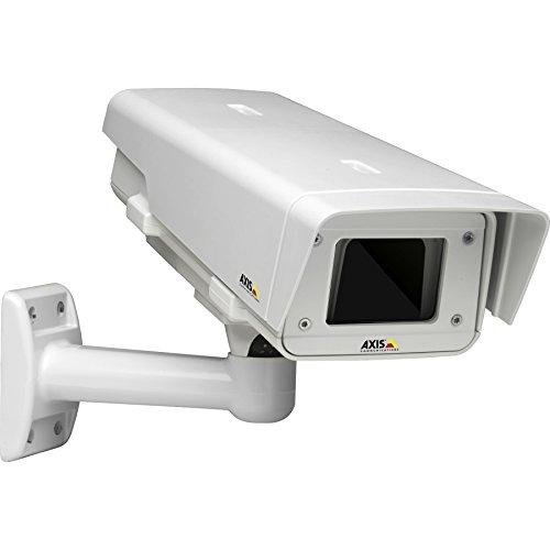 White, durable plastic housing for an AXIS security camera, featuring a sleek design, a protective front cover, and a mounting bracket for wall installation.