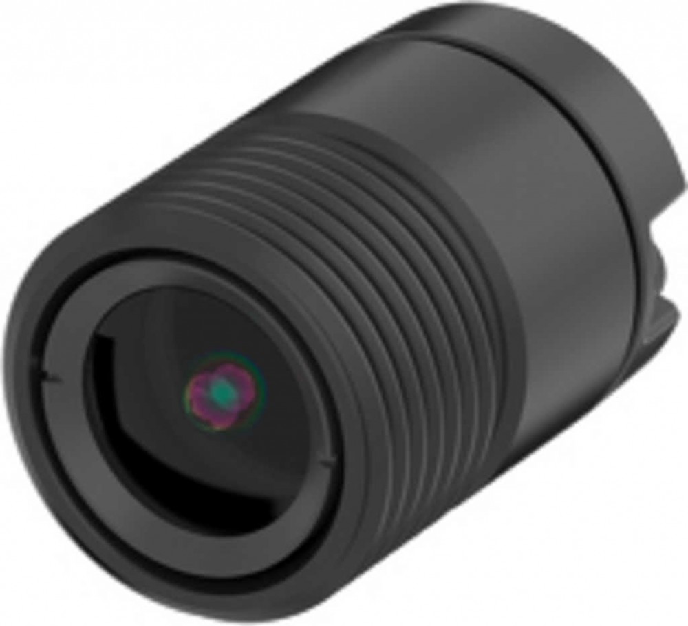 Black cylindrical sensor unit with a threaded exterior, featuring a clear lens at the front, designed as an accessory for security cameras by AXIS.
