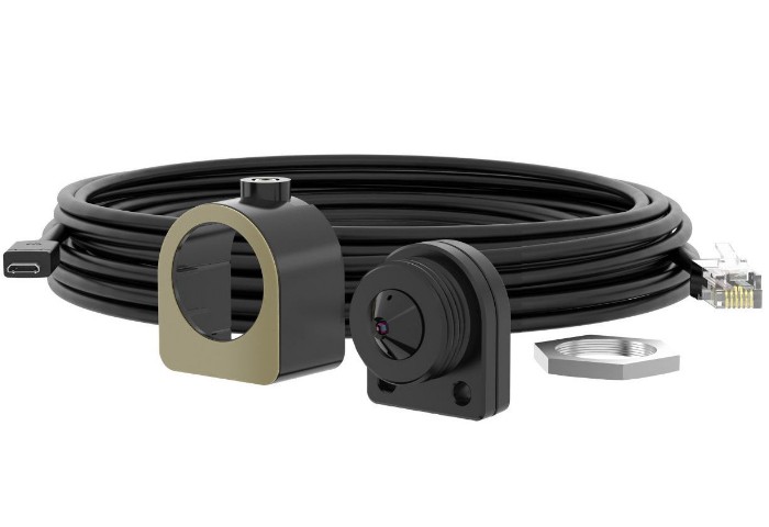 Black cable with a USB-C connector, a round black sensor unit, and a gold-accented mounting bracket, designed for use with AXIS security cameras.