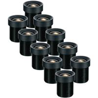 Ten black lens adapters with a cylindrical shape, designed for security cameras, featuring a metallic lens at the center for enhanced visibility and focus.