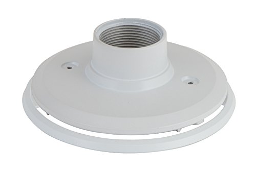 White circular mounting base for security cameras, featuring a threaded central socket and two side holes for secure installation.