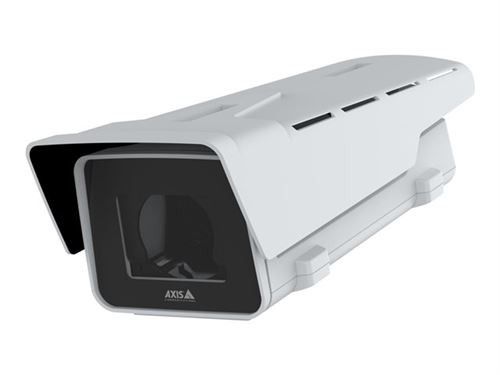 White surveillance camera with a sleek, elongated design, featuring a black lens opening and ventilation slits on the top for heat dissipation.