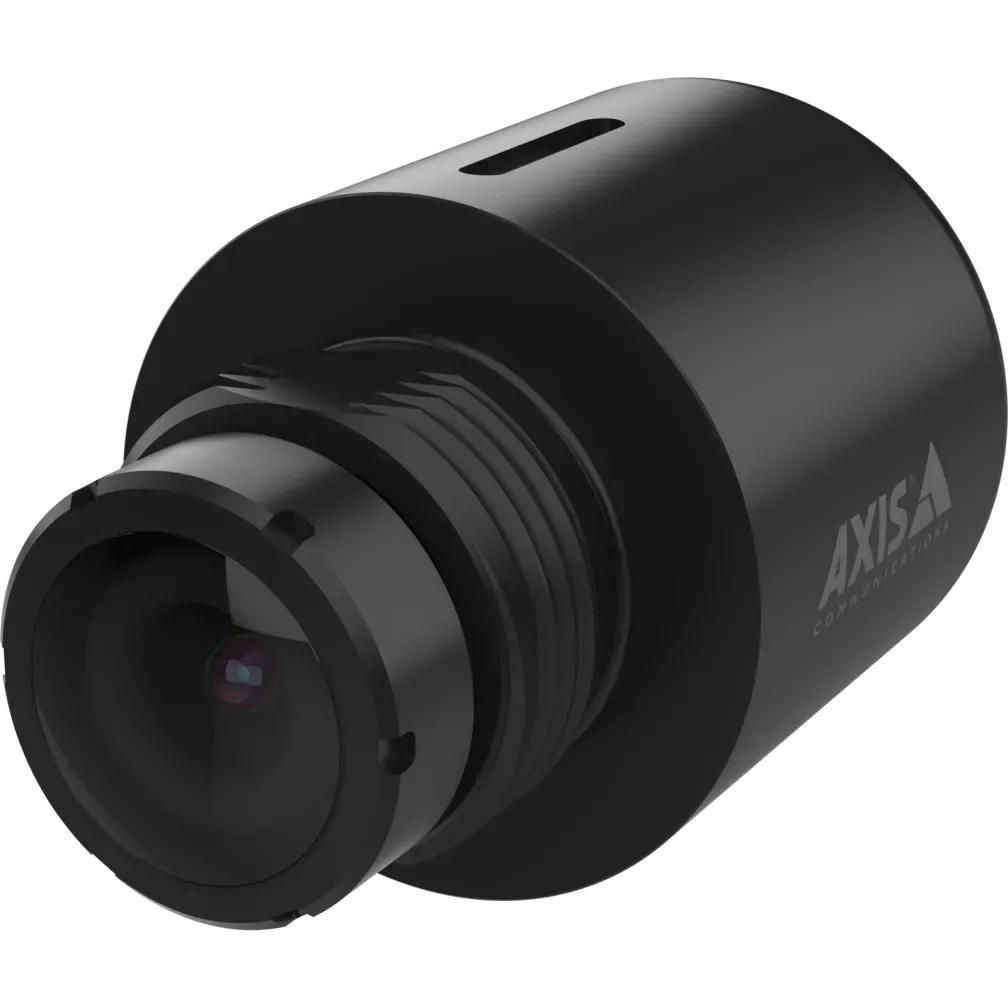 Black cylindrical sensor unit with a prominent lens at the front, featuring the AXIS logo and a small opening on the side for mounting or connectivity.