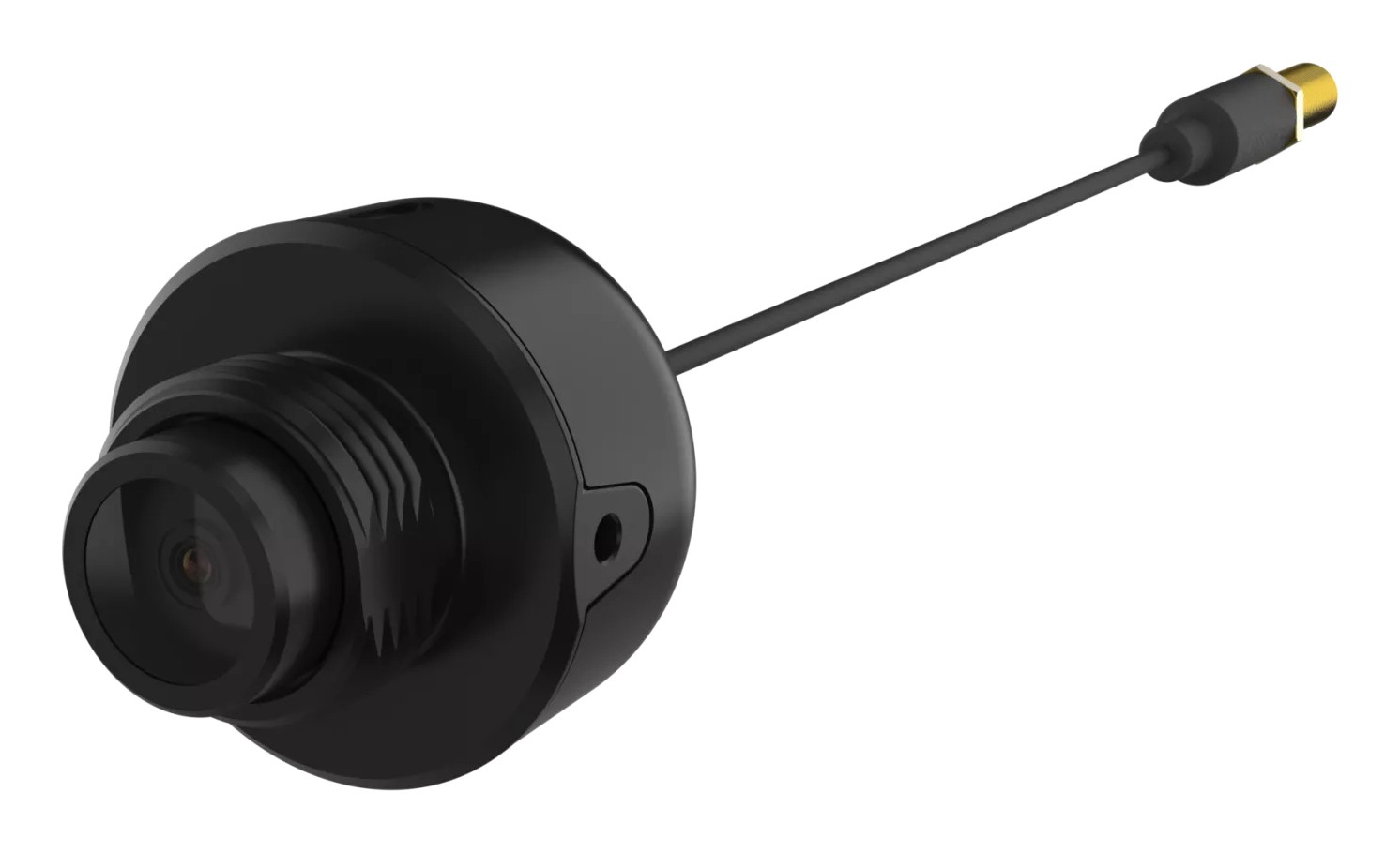 Black cylindrical sensor unit with a prominent lens at the front, featuring a thin cable extending from the side, designed for surveillance applications.