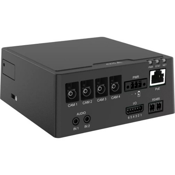 Black 4-channel main unit by AXIS, featuring four camera ports, audio inputs, Ethernet port, and status indicators, designed for network video management.
