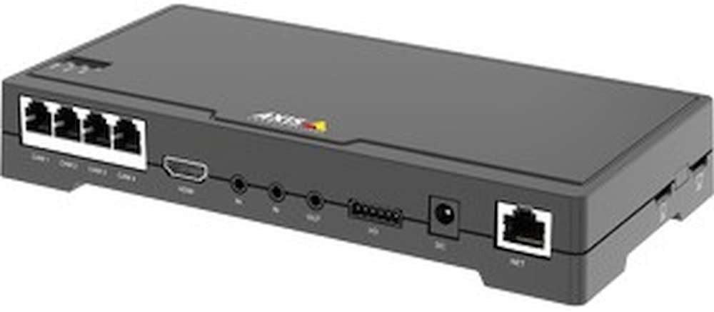 Black rectangular device with four Ethernet ports, HDMI output, and various connectors, featuring a sleek design and labeled buttons for easy access.