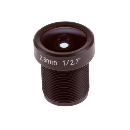 Black cylindrical lens with a wide glass front, labeled "2.8mm F1.2" and "1/2.7", featuring a textured grip for easy installation on cameras.