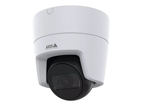 White network surveillance camera with a black lens, featuring a compact dome design and the AXIS logo prominently displayed on the front.